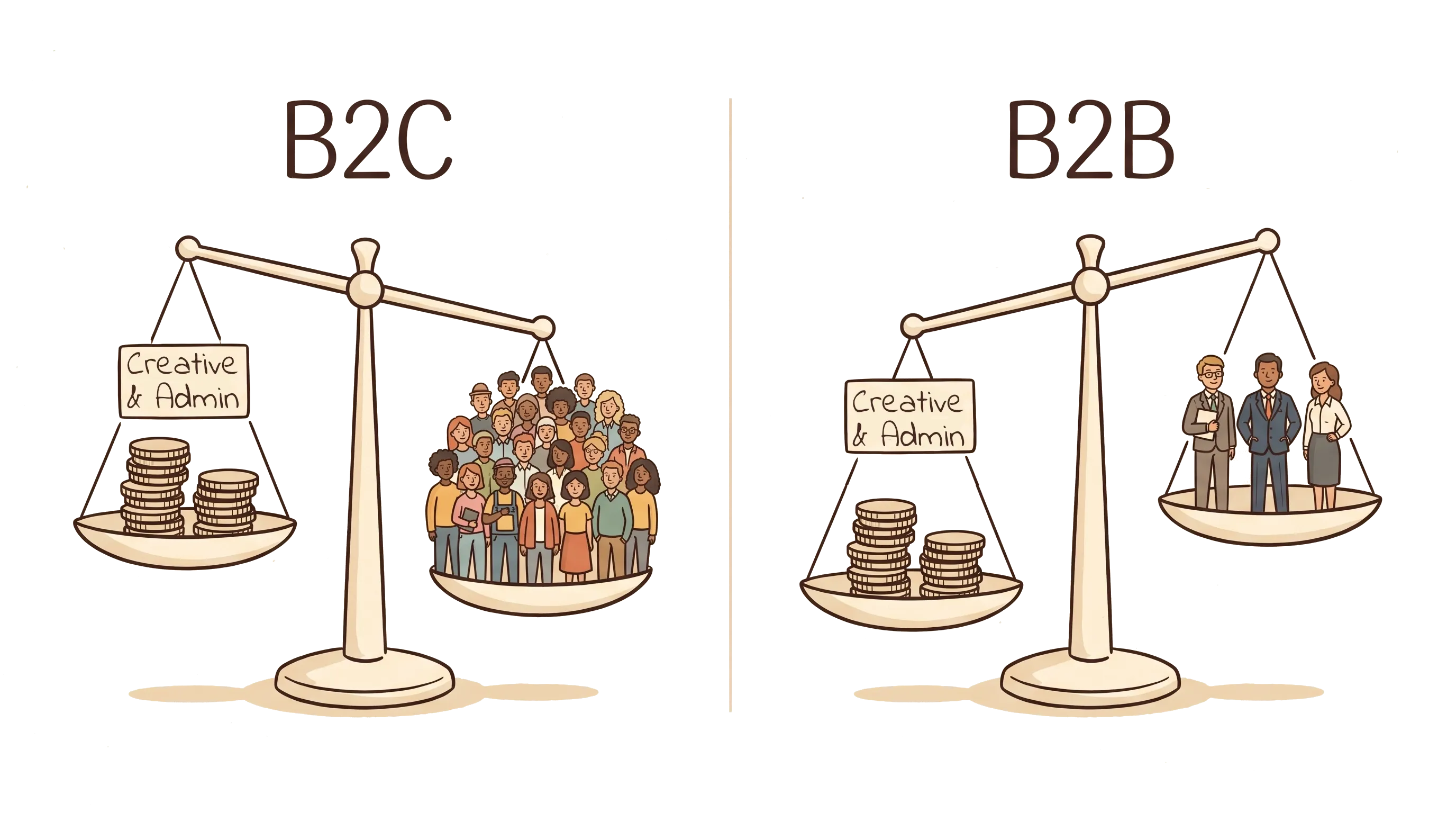 Illustration comparing B2C working investment with B2B working investment for advertsing, using balance scales comparing overhead with audience size